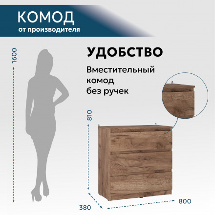 Современная мебель Комод 3 ящика ЛОФТ К-31 СИТИ дуб Крафт табачный, купить недорого в фирменном салоне магазине «Моя Мебель», всего за 8 260 руб.