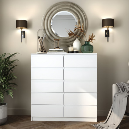 Современная мебель белый комод с 10 выдвижными ящиками как ИКЕА МАЛЬМ в спальню | высокий узкий комод в гостиную, прихожую для вещей и одежды МК 1200.10 (МП/3) МС мори, купить недорого в фирменном салоне магазине «Моя Мебель», всего за 16 500 руб.