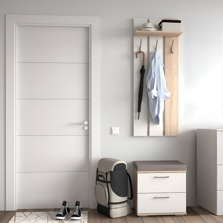 Современная мебель прихожая в коридор с вешалкой, банкеткой, тумбой в маленький узкий коридор Модульная ЛАЙТ, дизайн стиля в квартире №1 (сонома / белый), купить недорого в фирменном салоне магазине «Моя Мебель», всего за 11 690 руб.