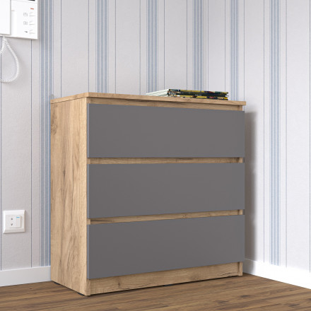 Современная мебель Недорогой узкий комод с 3 ящиками как IKEA SKANEVIK К-32 СИТИ Графит / дуб Крафт золотой, купить недорого в фирменном салоне магазине «Моя Мебель», всего за 6 490 руб.