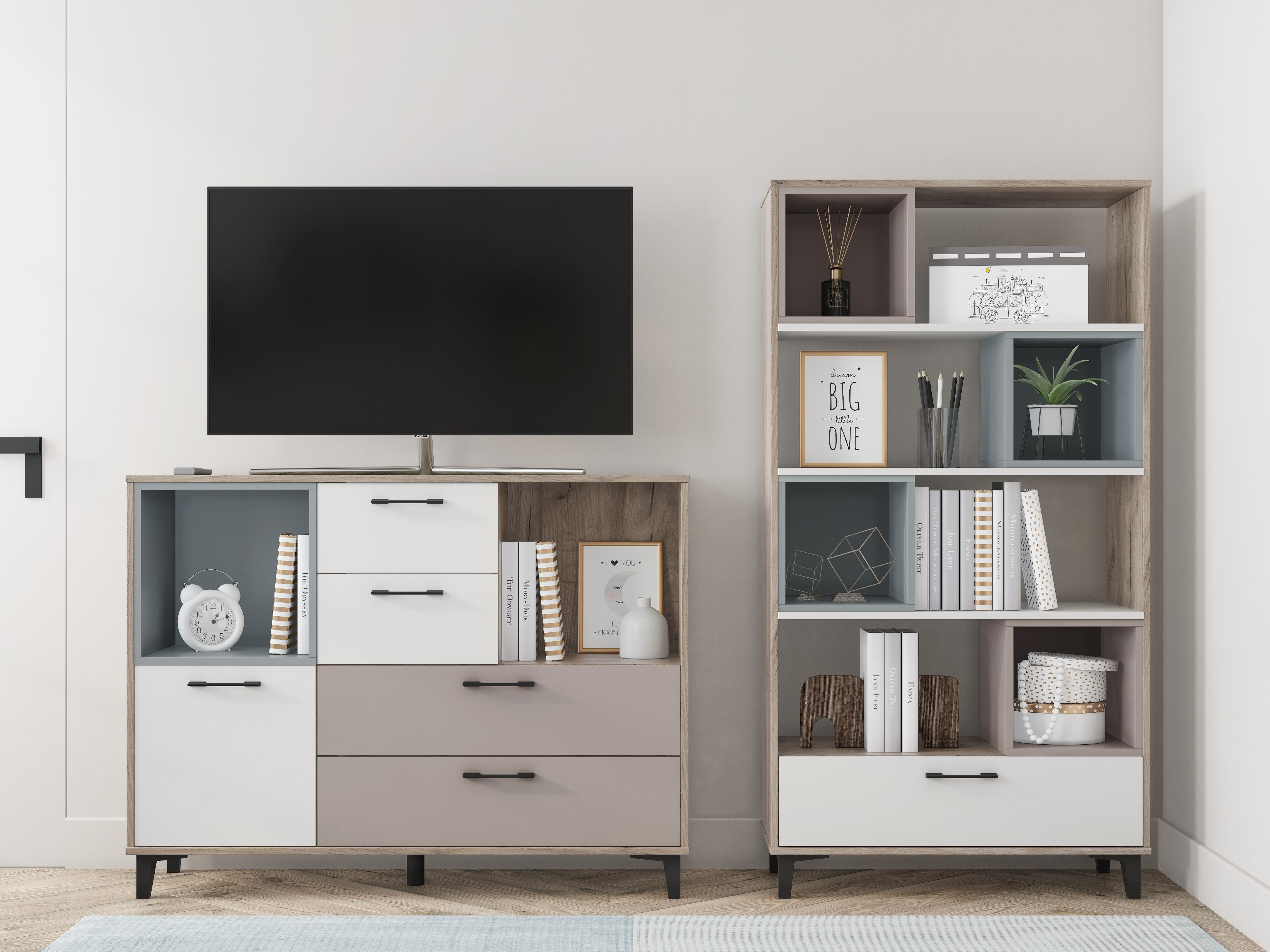 Каталог детской мебели для школьника 'КРАФТ'. Вид на стеллаж и тумбу ТВ с ящиками