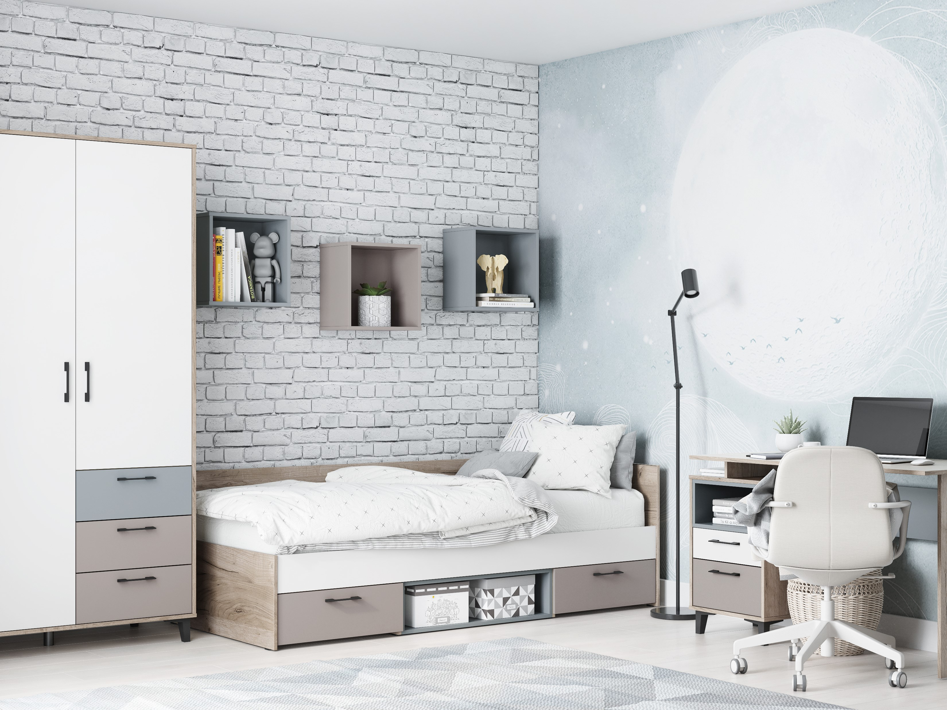 Каталог детской мебели для школьника 'КРАФТ'. Вид на кровать, шкаф и стол.