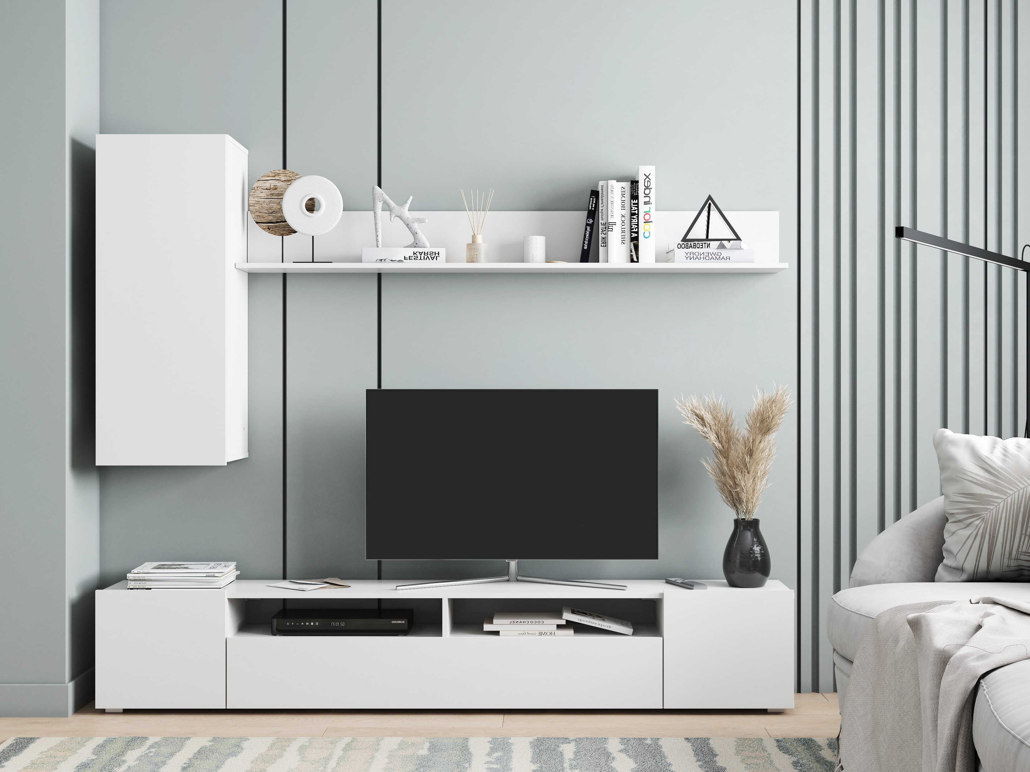 Современная белая навесная модульная гостиная 'Денвер' #5 в интерьере фирменного салона-магазина 'Моя Мебель' на сайте m-m-mebel.ru