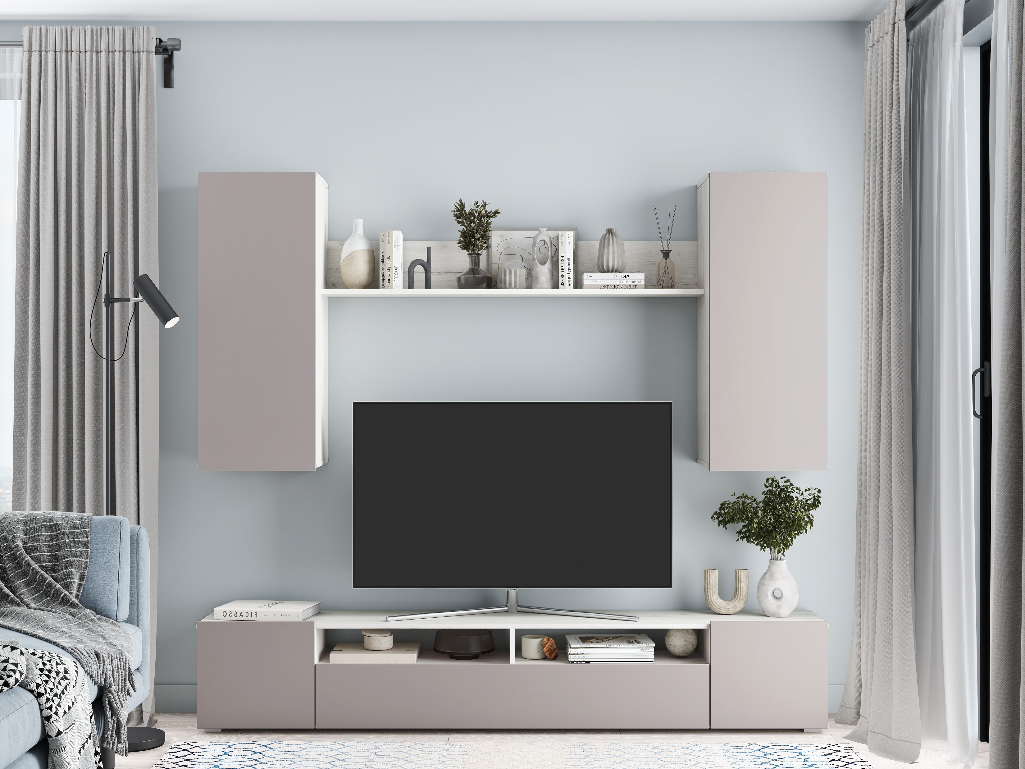 Современная навесная модульная стенка в гостиную 'Денвер' №8, цвет: глиняный серый / крафт белый в интерьере фирменного салона-магазина 'Моя Мебель' на сайте m-m-mebel.ru