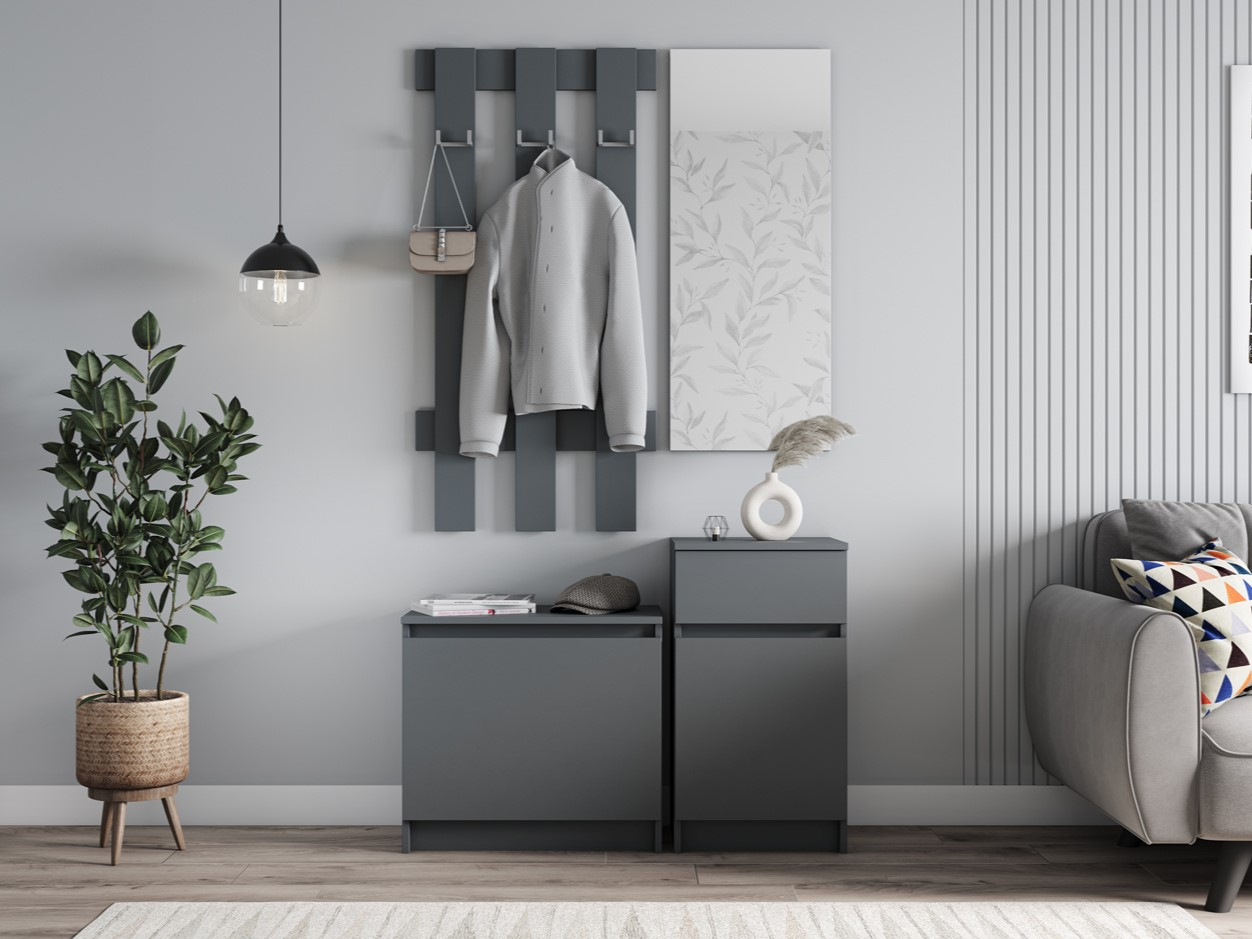 Недорогая модульная мебель в прихожую в цвете графит 'МОРИ' в салонах 'Моя Мебель' и на сайте m-m-mebel.ru